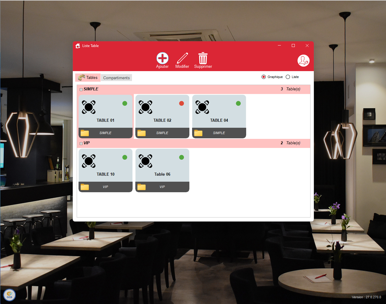 Interface cuisine G-Restaurant - Écran réel